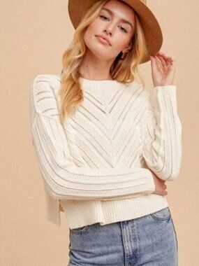 HEM & THREAD Pointelle Knit Long Sleeve Sweater Cream NWT